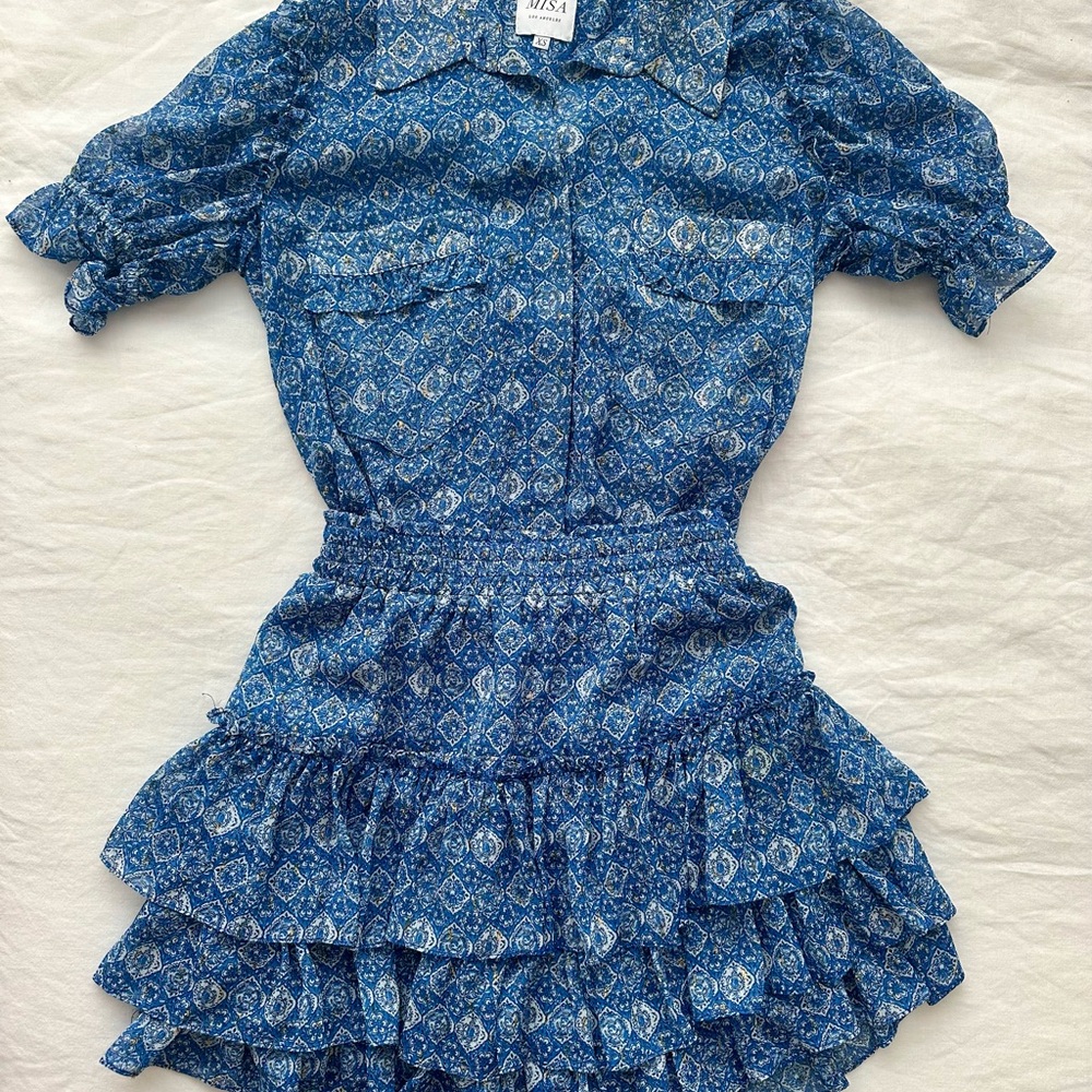 MISA Los Angeles Blue and White Patterned Blouse & Skirt Co-ord Set